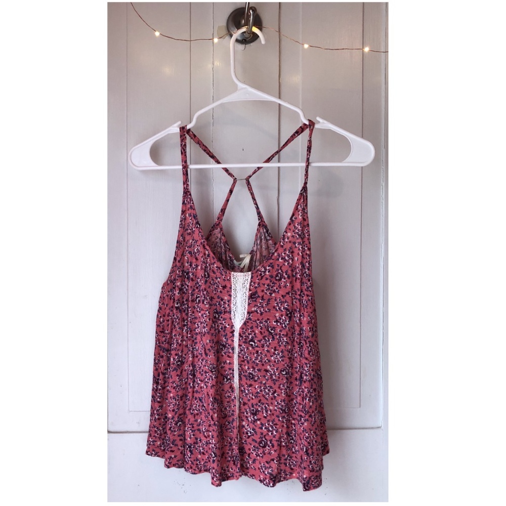 Pink Flowered Tank Top with White Lace